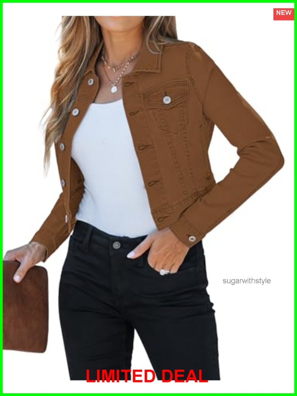 Cropped Jean Jacket Lightweight Fitted Stretchy with Pockets